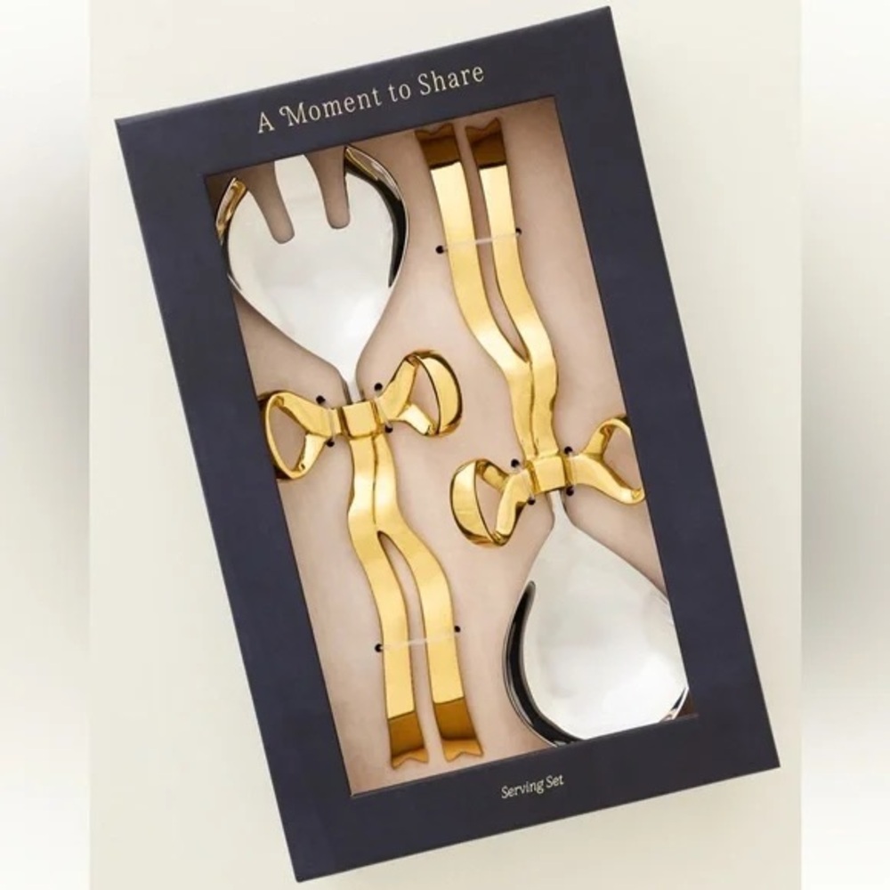 New Anthropologie Home Decor Benedita Stainless Steel Gold Bow Serve Set